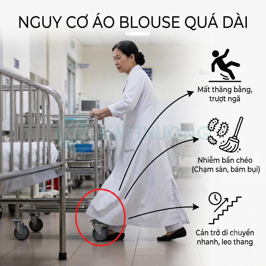 Áo blouse bác sĩ quá dài quét xuống sàn, vướng vào bánh xe xe đẩy y tế gây nguy cơ mất an toàn